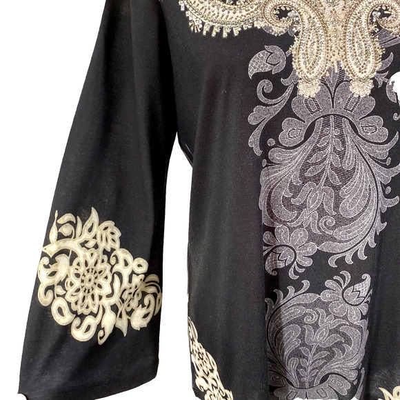 Chico’s Sz 1 (M-8) Casual Tunic Top Black Beige Rhinestone Embellished Neckline - Picture 2 of 7